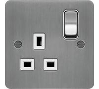 Hager WFSS81BSW Sollysta Flat Plate 13A 1 Gang Double Pole Switch Socket - Brushed Steel + White Insert