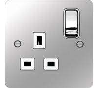 Hager WFSS81PSW Sollysta Flat Plate 13A 1 Gang Double Pole Switch Socket - Polished Steel + White Insert