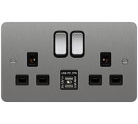 Hager WFSS82BSB-USBCC Sollysta Flat Plate 13A 2 Gang DP Switched Socket +2xUSB C+C PD - Brushed Steel + Black Insert