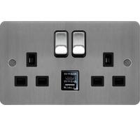 Hager WFSS82BSB-USBSAC Sollysta Flat Plate 13A 2 Gang DP Switched Socket +2xUSB (Type A+C) - Brushed Steel + Black Insert