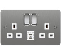 Hager WFSS82BSW-USBCC Sollysta Flat Plate 13A 2 Gang DP Switched Socket +2xUSB C+C PD - Brushed Steel + White Insert