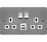 Hager WFSS82BSW-USBSAC Sollysta Flat Plate 13A 2 Gang DP Switched Socket +2xUSB (Type A+C) - Brushed Steel + White Insert