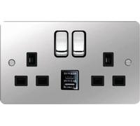 Hager WFSS82PSB-USBSAC Sollysta Flat Plate 13A 2 Gang DP Switched Socket +2xUSB (Type A+C) - Polished Steel + Black Insert
