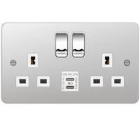 Hager WFSS82PSW-USBCC Sollysta Flat Plate 13A 2 Gang DP Switched Socket +2xUSB C+C PD - Polished Steel + White Insert