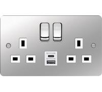Hager WFSS82PSW-USBSAC Sollysta Flat Plate 13A 2 Gang DP Switched Socket +2xUSB (Type A+C) - Polished Steel + White Insert