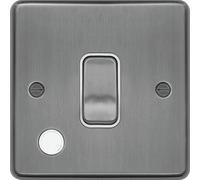 Hager WRDP84FOBSW Sollysta Raised Plate 20A Double Pole Switch + Flex Outlet - Brushed Steel + White Insert