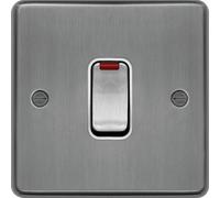 Hager WRDP84NBSW Sollysta Raised Plate 20A Double Pole Switch + LED Indicator Brushed Steel + White Insert