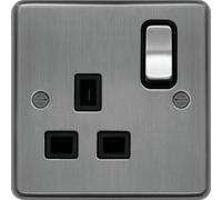 Hager WRSS81BSB Sollysta Raised Plate 13A 1 Gang Double Pole Switch Socket - Brushed Steel + Black Insert