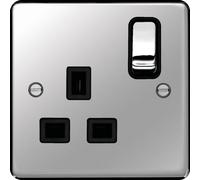 Hager WRSS81PSB Sollysta Raised Plate 13A 1 Gang Double Pole Switch Socket - Polished Steel + Black Insert