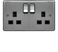 Hager WRSS82BSB Sollysta Raised Plate 13A 2 Gang Double Pole Switch Socket - Brushed Steel + Black Insert