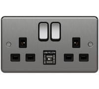 Hager WRSS82BSB-USBCC Sollysta Raised Plate 13A 2 Gang DP Switched Socket +2xUSB C+C PD - Brushed Steel + Black Insert
