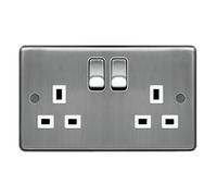 Hager WRSS82BSW Sollysta Raised Plate 13A 2 Gang Double Pole Switch Socket - Brushed Steel + White Insert