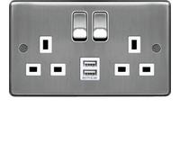 Hager WRSS82BSW-USB Sollysta Raised Plate 13A 2 Gang DP Switched Socket + 2xUSB (Type A+A) - Brushed Steel + White Insert