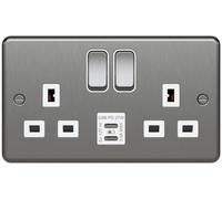 Hager WRSS82BSW-USBCC Sollysta Raised Plate 13A 2 Gang DP Switched Socket +2xUSB C+C PD - Brushed Steel + White Insert