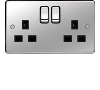 Hager WRSS82PSB Sollysta Raised Plate 13A 2 Gang Double Pole Switch Socket - Polished Steel + Black Insert