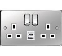 Hager WRSS82PSW-USBAC Sollysta Raised Plate 13A 2G DP Switched Socket +2xUSB (Type A+C) - Polished Steel + White Insert