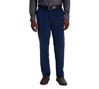Haggar Men's Corduroy Expandable Waist Straight Fit Flat Front Pant Casual, Cadet Blue-Classic, 34W / 34L