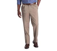 Haggar Men's Iron Free Classic Pleat Front Expandable Casual Pant, Medium Khaki, 42W x 30L