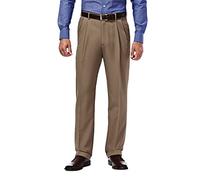 Haggar Men's Mynx Gabardine Pleat-Front Dress Pant with Hidden Expandable Waist, Khaki, 38W / 34L