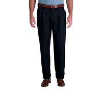 Haggar Men's Mynx Gabardine Pleat-Front Dress Pant with Hidden Expandable Waist, Navy, 36W x 32L