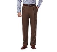 Haggar Men's Mynx Gabardine Pleat-Front Dress Pant with Hidden Expandable Waist, Oak, 42W x 30L