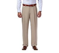 Haggar Men's Mynx Gabardine Pleat-Front Dress Pant with Hidden Expandable Waist, Tan, 32W / 30L