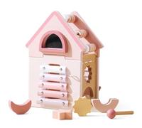 Hagmoo Wooden House Shape Sorter, Pink and Natural Wood, 3-in-1 Educational Toy with Xylophone, Sorting Blocks, Early Learning Activity Center for Toddlers