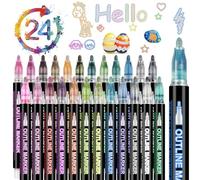 HAGOT 24 Glitter Pens Outline Marker Pens, Waterproof Markers for Making Cards and Decorate Envelopes, Colouring Pens Art Supplies for Artists and DIY Crafts