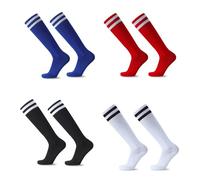 HAGOT 4 Pairs Kids Football Socks, Striped Knee Children School Football Socks, Breathable Athletic Cotton Socks for Junior Running, Training, Rugby, Aged 5-12, Black+White+Blue+Red