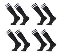 HAGOT 4 Pairs Kids Football Socks, Striped Knee Children School Football Socks, Breathable Athletic Cotton Socks for Junior Running, Training, Rugby, Aged 5-12, Black+White+Blue+Red