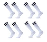 HAGOT 4 Pairs Kids Football Socks, Striped Knee Children School Football Socks, Breathable Athletic Cotton Socks for Junior Running, Training, Rugby, Aged 5-12, White