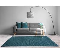 Hague Hand Made Wool Rug for Bedroom Dining Living Room Geometric Lines Tufted Modern Classic Soft Luxury Rug Teal Blue 160x230 cm (5'3"x7'7") Large