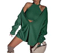 HAHAEMMA Women's two-piece outfits for women, knitted halterneck crop tank tops, off-the-shoulder pullover with deep V-neck sweater, Green, L