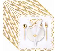 Hahafelt 12 Set Scalloped Cloth Napkins, Embroidery Polyester, Gold | 18x18 Inch Washable Cloth Napkins, Reusable Fabric for Hotel Restaurant Table Dinner Wedding Events Parties