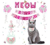 Hahafelt 19 Pcs Cat Birthday Party Supplies Include Knit Hat Kitten Bib Happy Birthday Banner, Cat Paw Print Balloons Meow Letter Balloons for Pet Party Decorations(Pink,Cute)