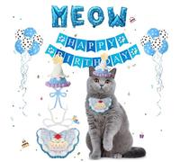 Hahafelt 19 Pcs Cat Birthday Party Supplies Include Knit Hat Kitten Bib Happy Birthday Banner, Cat Paw Print Balloons Meow Letter Balloons for Pet Party Decorations (Blue,Fresh)