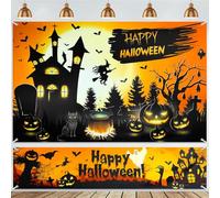 Hahafelt 2 Pcs Happy Halloween Photo Backdrop Large Halloween Banner Background 71 x 43 Inch and 71 x 15.7 Inch Witches Pumpkin Bat Ghost Photo Booth Props for Indoor Outdoor Party Decoration