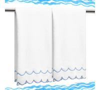 Hahafelt 2 Pcs Scalloped Hand Towels 100% Cotton Hand Towels for Bathroom 15.75 x 27.56 Inch 600 GSM Cute Soft Absorbent Embroidered for Hotel Spa Sport Yoga(Blue,Classic)