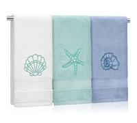 Hahafelt 3 Pack Coastal Hand Towels for Bathroom 100% Cotton Embroidered Bathroom Towels 17x26 Inch Beach Hand Towels Soft Absorbent Cotton Towel Ocean Seashell Starfish Nautical Hand Towels