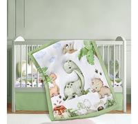 Hahafelt 3 Pcs Baby Crib Bedding Set Safari Animals Dinosaurs Bear Woodland Animals Jungle Crib Set Includes Quilt, Fitted Sheet, Skirt for Baby Boy Girl(Green,Dinosaur)