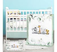 Hahafelt 3 Pcs Baby Crib Bedding Set Safari Animals Dinosaurs Bear Woodland Animals Jungle Crib Set Includes Quilt, Fitted Sheet, Skirt for Baby Boy Girl(Light Blue,Safari)