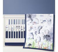 Hahafelt 3 Pcs Baby Crib Bedding Set Under The Sea Ocean Nursery Nautical Crib Set Includes Ocean Quilt, Fitted Sheet, Skirt for Baby Boy Girl(Blue)