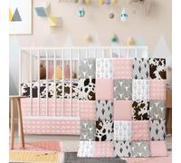 Hahafelt 3 Piece Patchwork Western Crib Bedding Set for Boys Girls Cow Cactus Print Baby Bedding Barnyard Western Nursery Decor Soft Baby Bed Set Includes Quilt Fitted Crib Sheet Bed Skirt (Cowgirls)