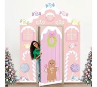 Hahafelt 4 Pcs Pastel Candy Christmas Gingerbread Door Covers Decoration Xmas Pink Gingerbread House Candy Door Backdrop Christmas Photo Booth Props Porch Sign for Holiday Classroom Home Party Decor