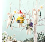 Hahafelt 4 Pcs Spring Wool Felt Mouse Set with Lavender Daisy Flower Handmade Hanging Ornament Handing Spring Flower Mice Family for Easter Decor, 3.94 Inch