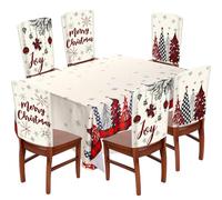 Hahafelt 7 Pcs Christmas Chair Protector Cover and Tablecloth Set Stretch Removable Washable 60"x84" Table Cover and Christmas Seat Slipcover for Home Hotel Dining Room Banquet Wedding Party (Classic)