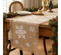 Hahafelt White Snowflake Christmas Table Runner 14 x 72 Inches Vintage Natural Burlap Table Runner Seasonal Winter Christmas Xmas Holiday Decorations for Indoor Outdoor Kitchen Dining Living Room
