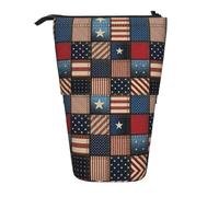 HAHAFU American Flag Patchwork Telescopic Pencil Case, Oxford-Cloth Adjustable Pencil Pouch with Zipper, Multi-Functional Portable Stationery Bag for School Office