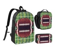 HAHAFU American Football Field and Ball 17 Inch School Backpack Set with Pencil Case and Lunch Bag,Matching Print Design,Durable Polyester School Bag for Kids Teens Boys Girls