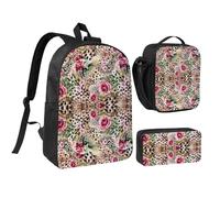 HAHAFU Animal Tiger Leopard Print Rose Flower 17 Inch School Backpack Set with Pencil Case and Lunch Bag,Matching Print Design,Durable Polyester School Bag for Kids Teens Boys Girls